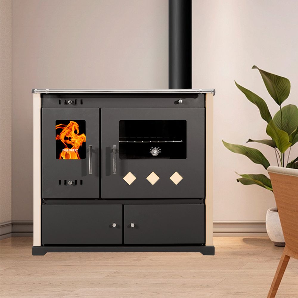 Puuküttega pliit Prometey Perfect Practik Lux keraamilise pliidiga, parempoolne lõõr, elevandiluu, 9.5kW | Puuküttega pliidid |  |