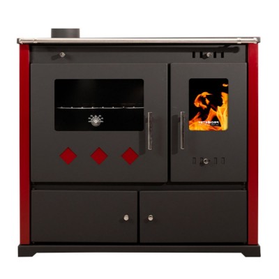 Puuküttega pliit Prometey Perfect Practik Lux keraamilise pliidiga, vasak lõõr, bordoopunane, 9.5kW - Puuküttega pliidid