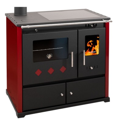 Puuküttega pliit Prometey Perfect Practik Lux keraamilise pliidiga, vasak lõõr, bordoopunane, 9.5kW - Puuküttega pliidid