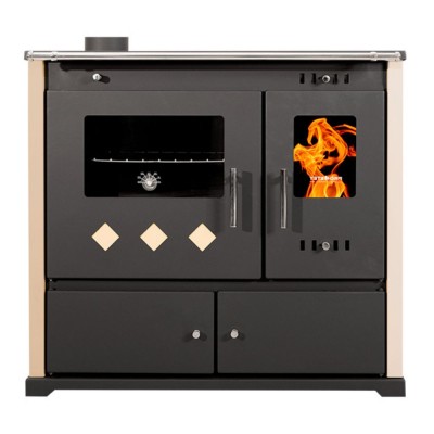 Puuküttega pliit Prometey Perfect Practik Lux keraamilise pliidiga, vasak suri, elevandiluu, 9.5kW - Puuküttega pliidid