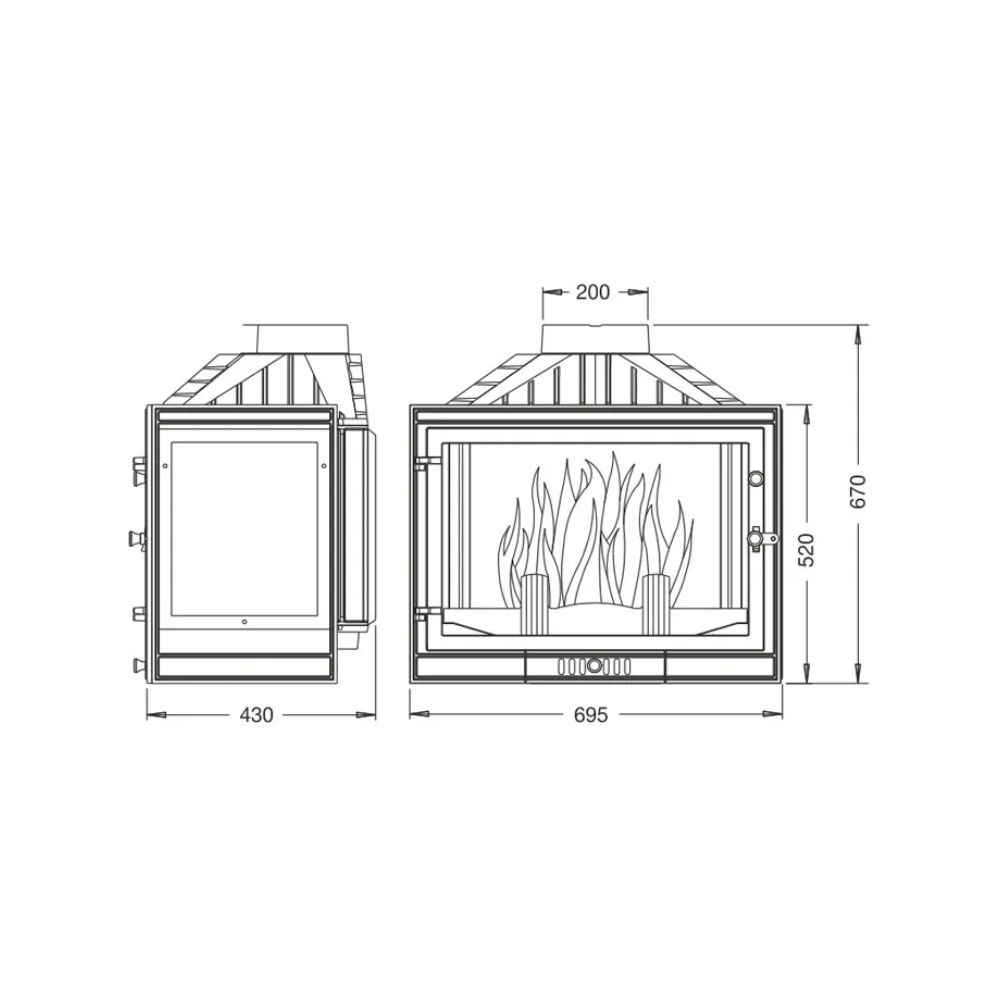 Kaminasüdamik UNIFLAM 700 STANDARD koos klapiga, vasakul pool, 14 kW | Kaminasüdamik | Kaminad |