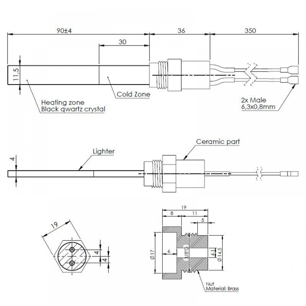 Musta kvartskristalliga Pelleti süütepulk Karmek One, La Nordica ja teised, kogupikkus 126mm, 300W | Pelleti süütepulk | Pelletikamina osad |