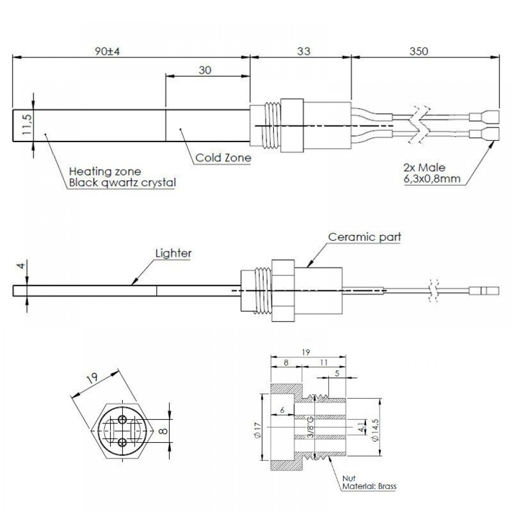 Musta kvartskristalliga Pelleti süütepulk, kogupikkus 123mm, 400W | Pelleti süütepulk | Pelletikamina osad |