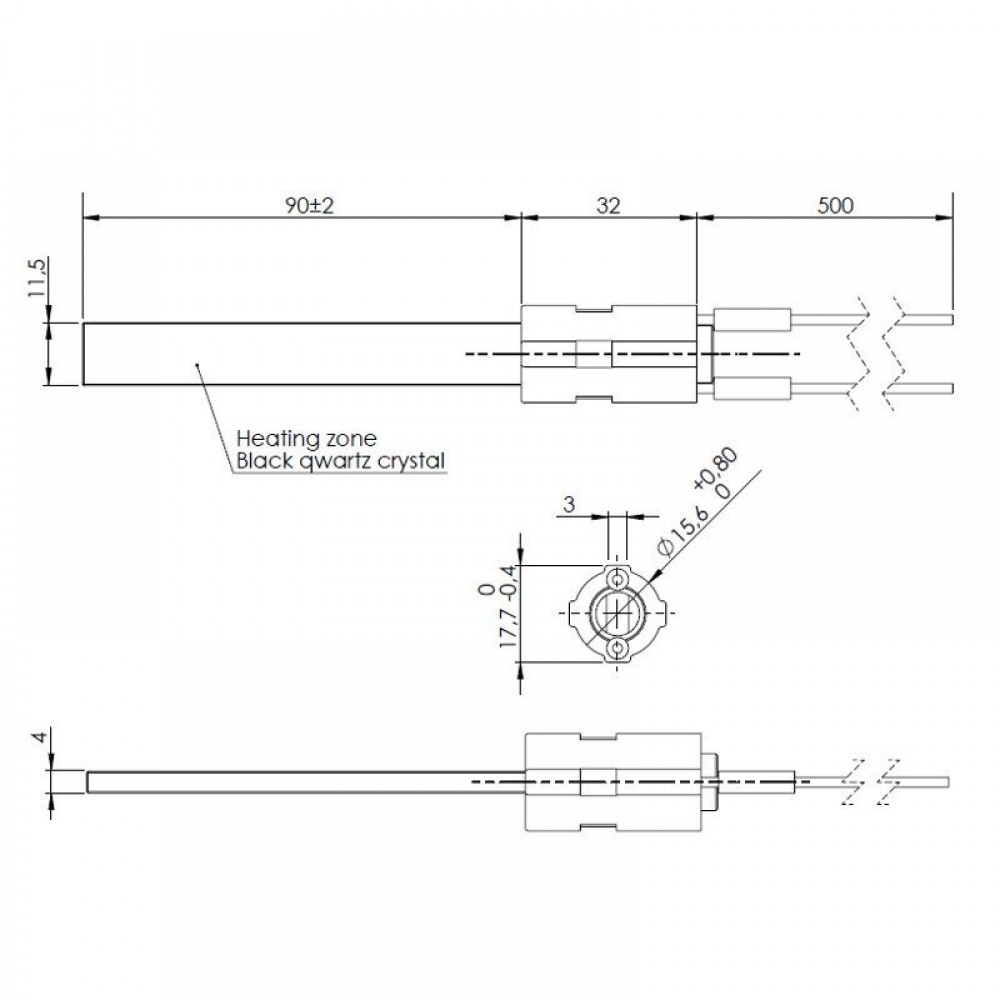 Musta kvartskristalliga Pelleti süütepulk, kogupikkus 122mm, 400W | Pelleti süütepulk | Pelletikamina osad |